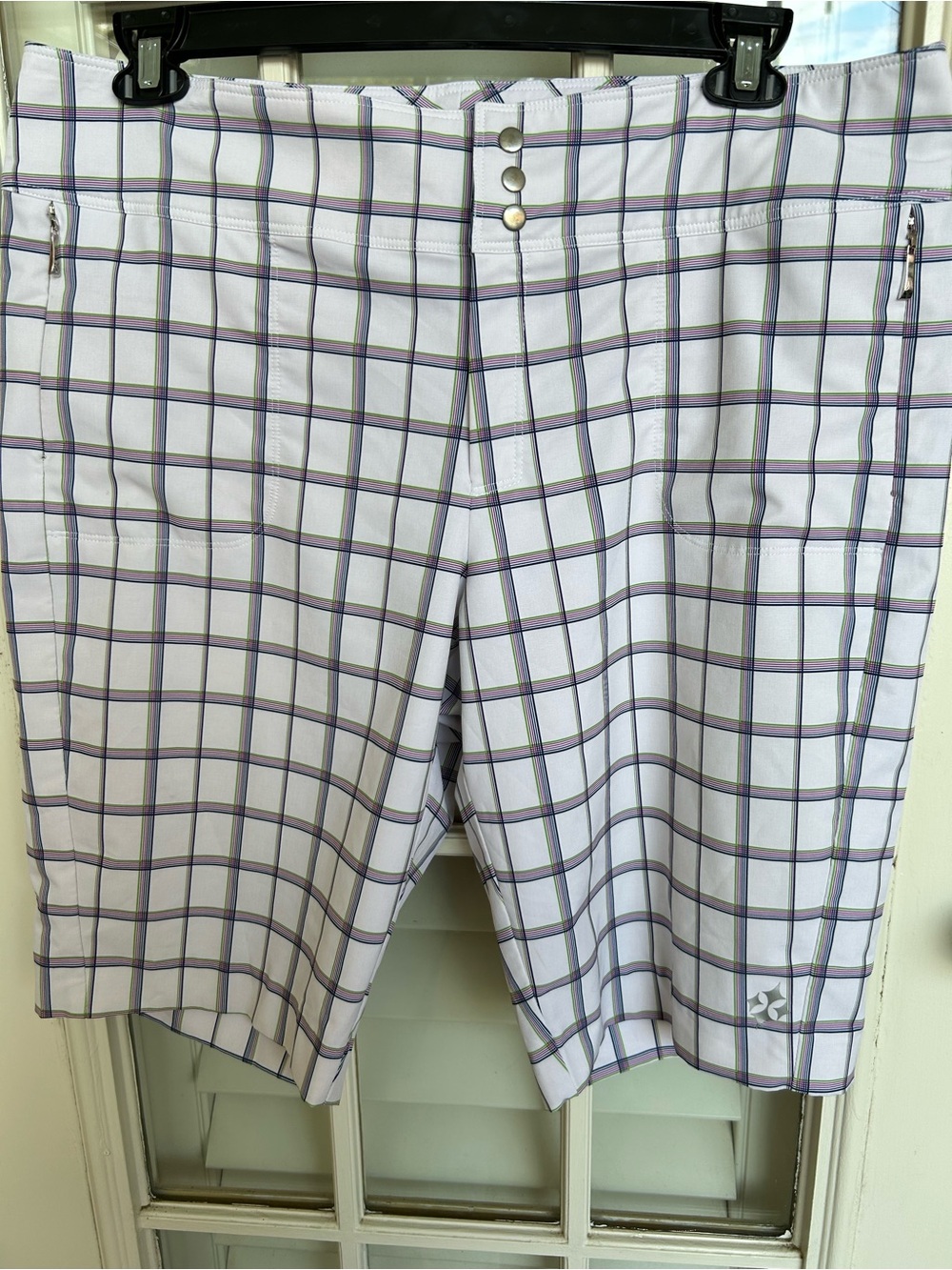 Jofit White Plaid Athletic Shorts with Purple Grid